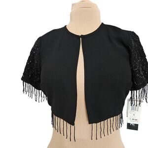 NEW Eva Blue Black Dressy Shrug Cardigan with Embellished Fringe Sleeves Size 6